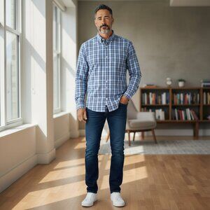 TOMMY HILFIGER Men's EUC Slim Fit Button Down‎ Plaid Dress Shirt | Size L